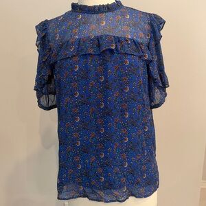 LOFT Blue Floral Ruffle Blouse